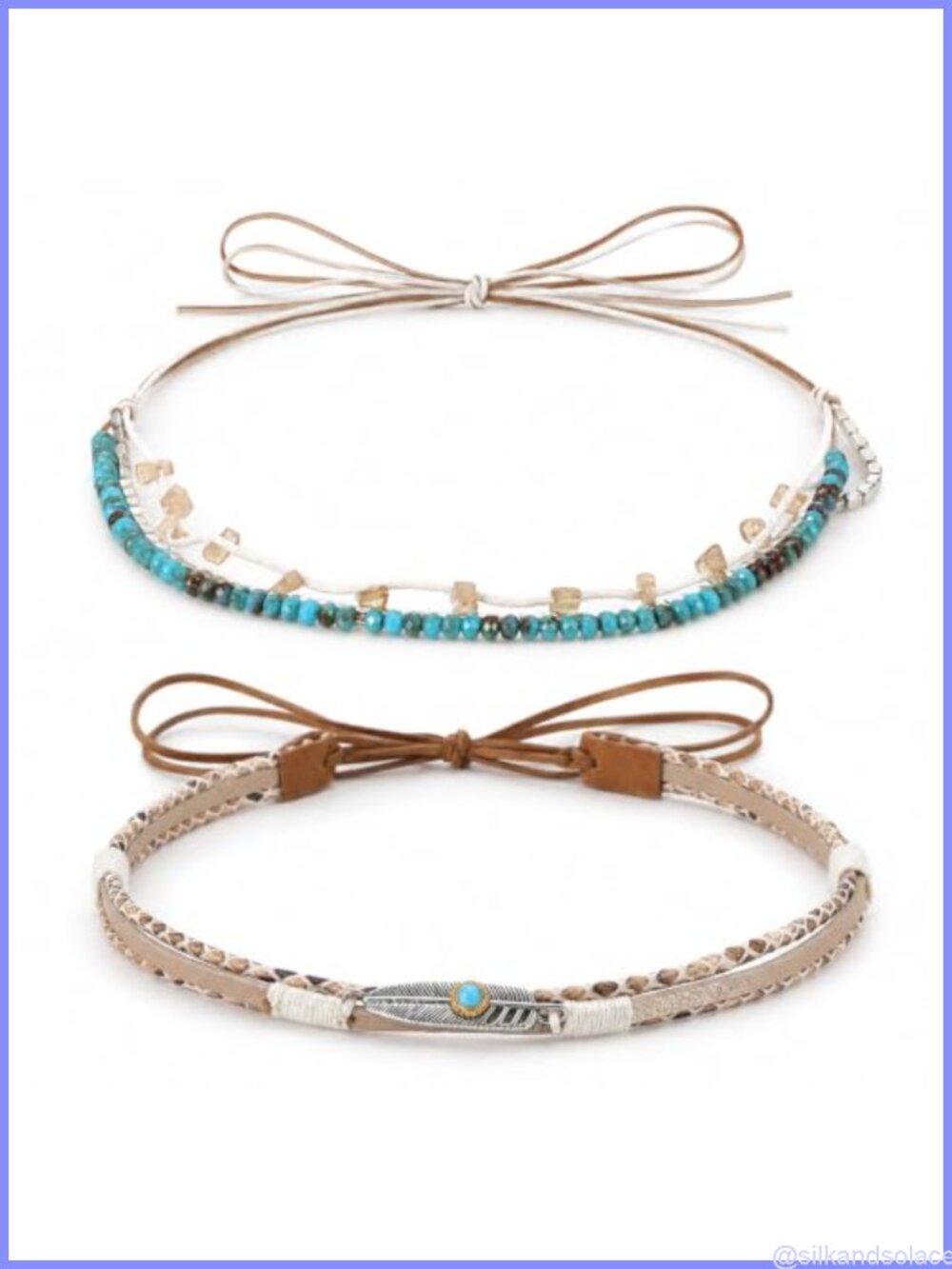 2Pc Cowboy Hat Band Set Faux Turquoise Beaded & Rope Feather Western
